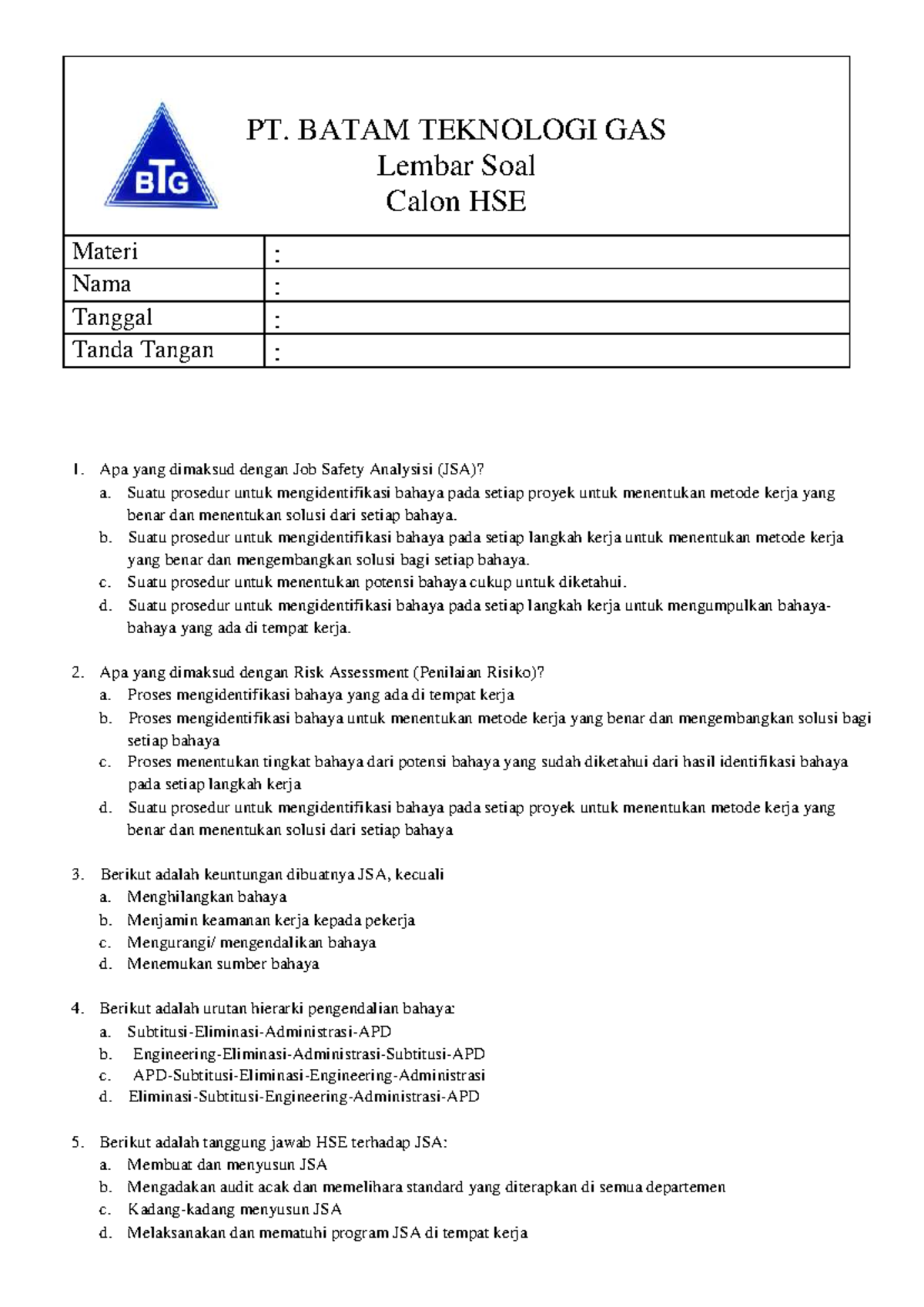 Soal Hse Pt Batam Teknologi Gas Calon Hse 2023 Studocu