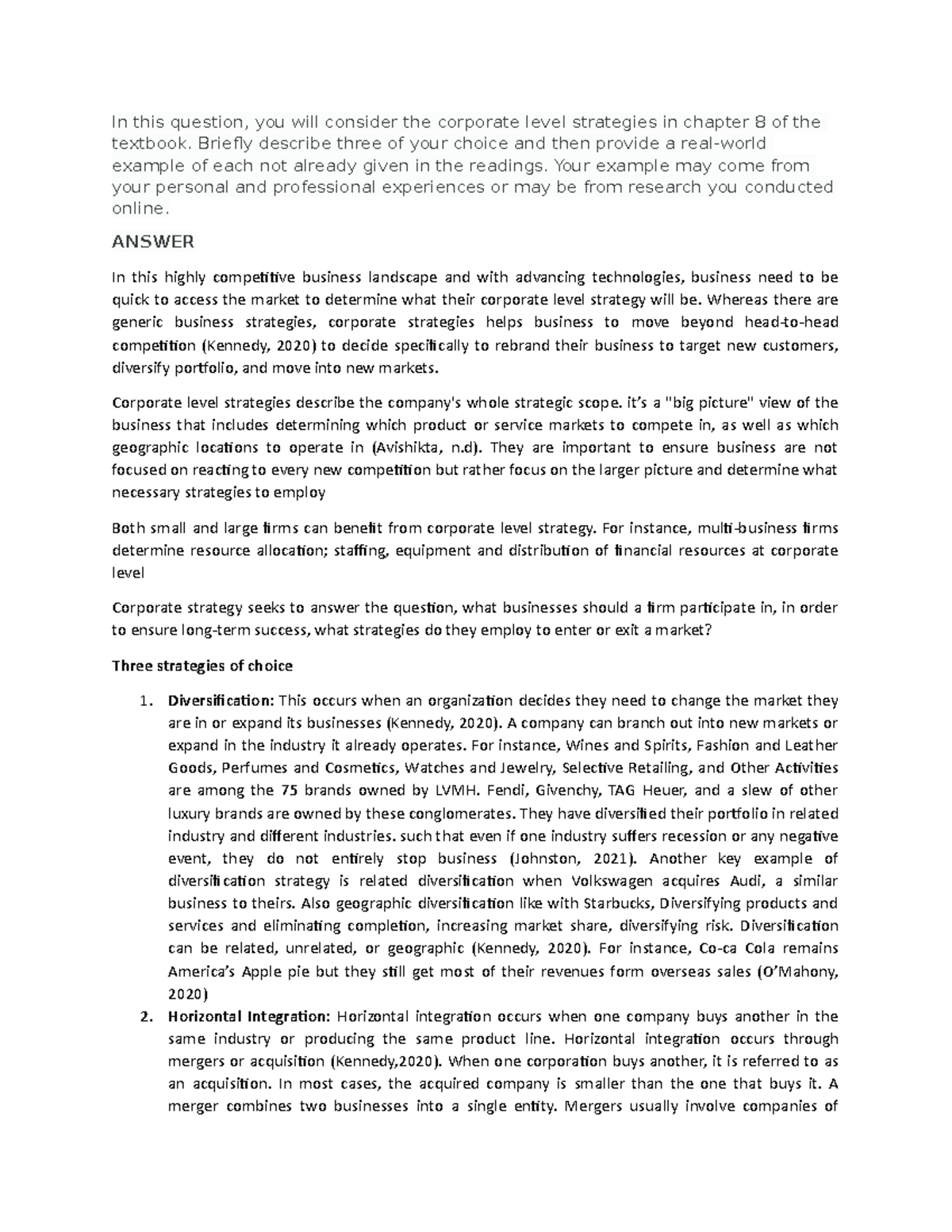 1BUS 5117 Unit 8 Corporate Level Strategies Discussion and Examples ...