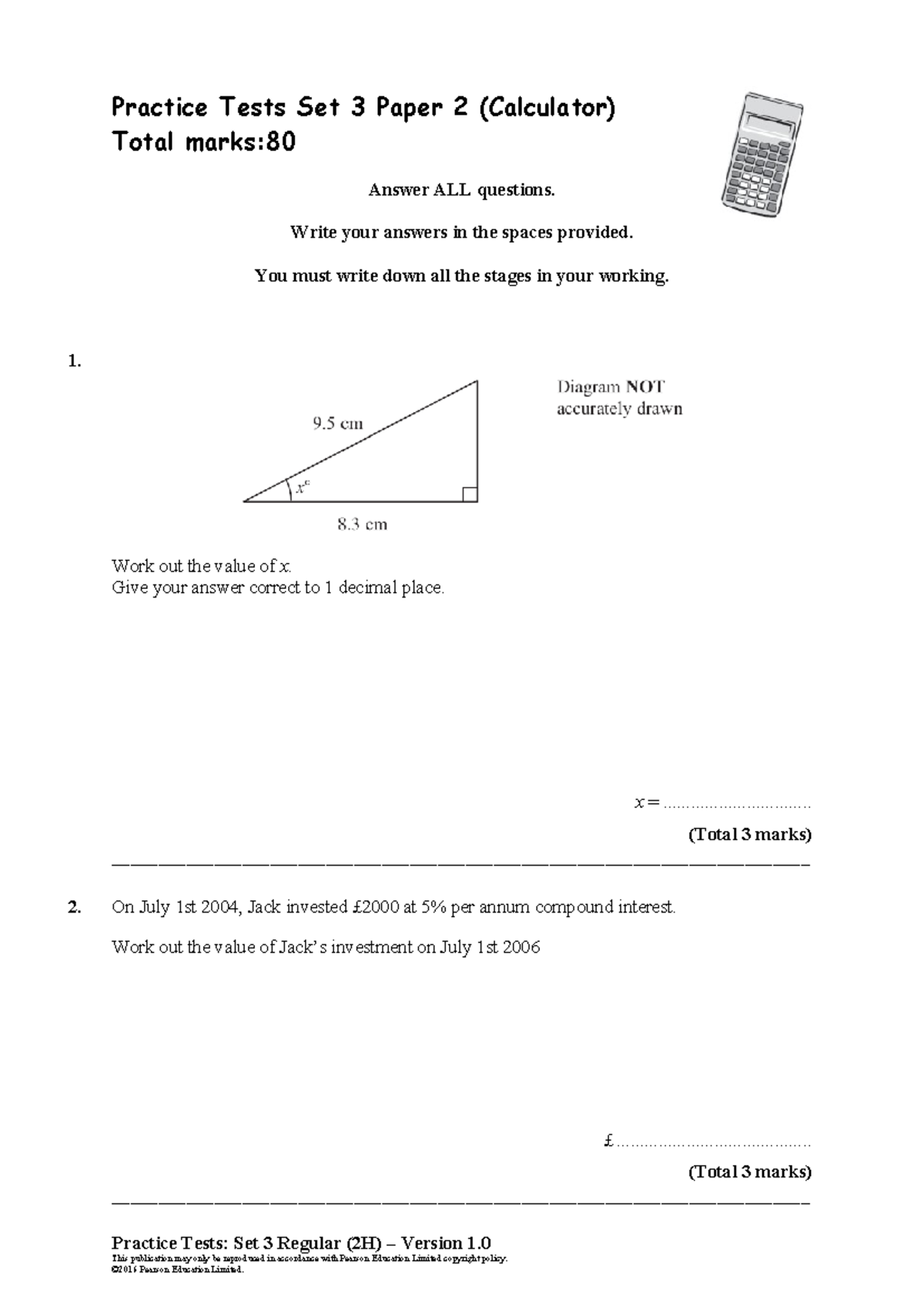 Practice Tests Set 3 - Paper 2H (Calculator) Overview and Questions ...