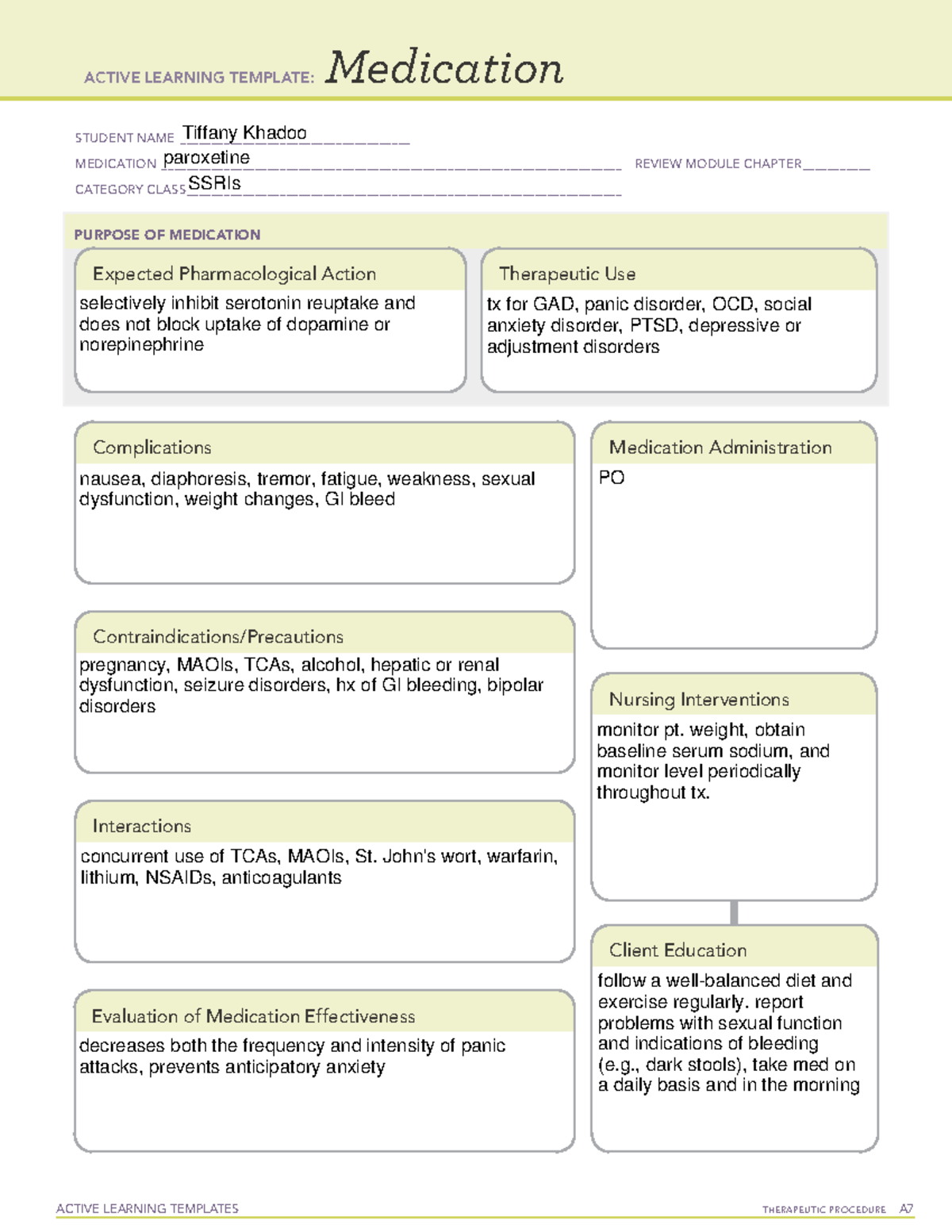 Active Learning Template: Paroxetine (SSRIs) Medication Overview - Studocu