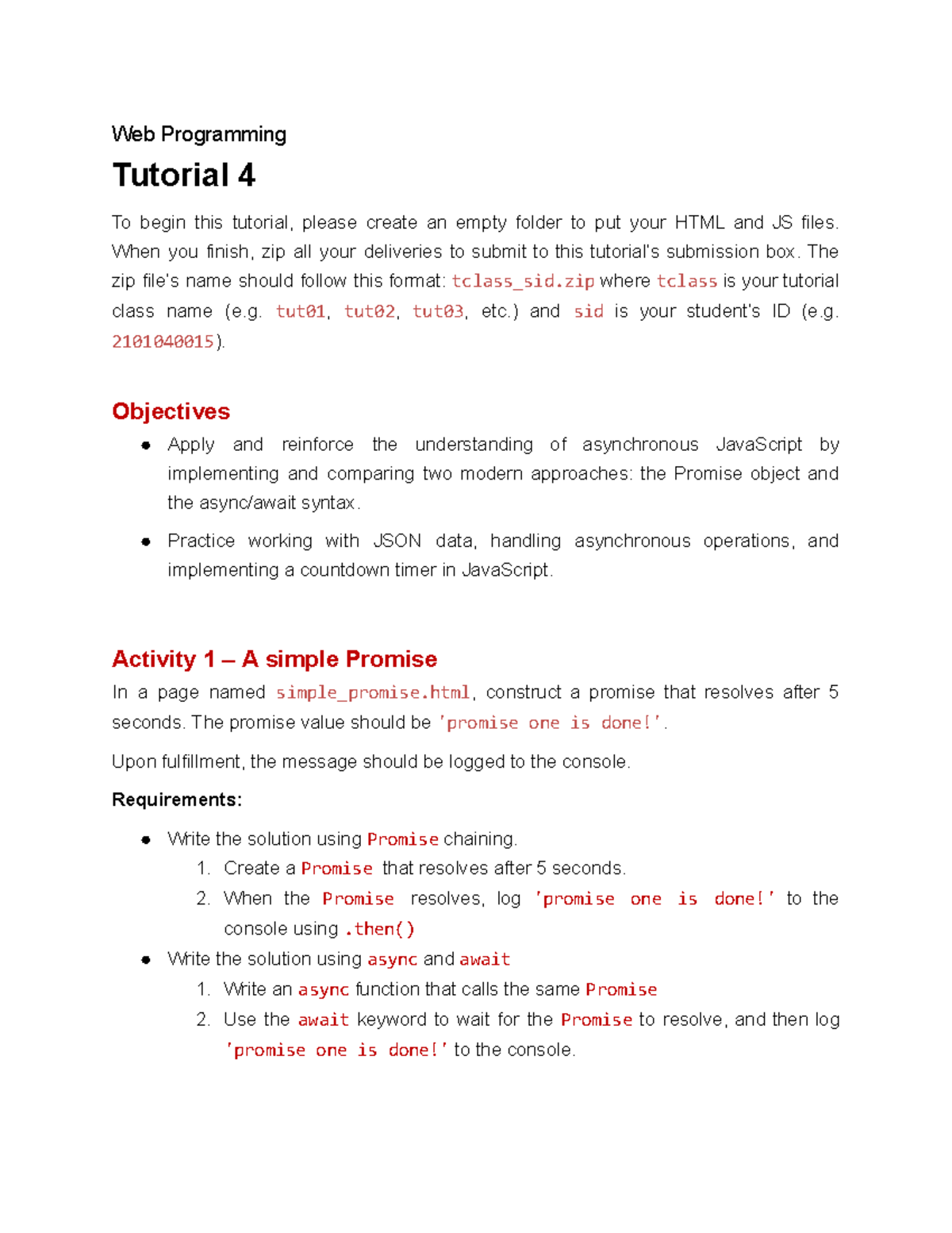 Tut04 Web Programming: Promises & JSON Handling Activities - Studocu