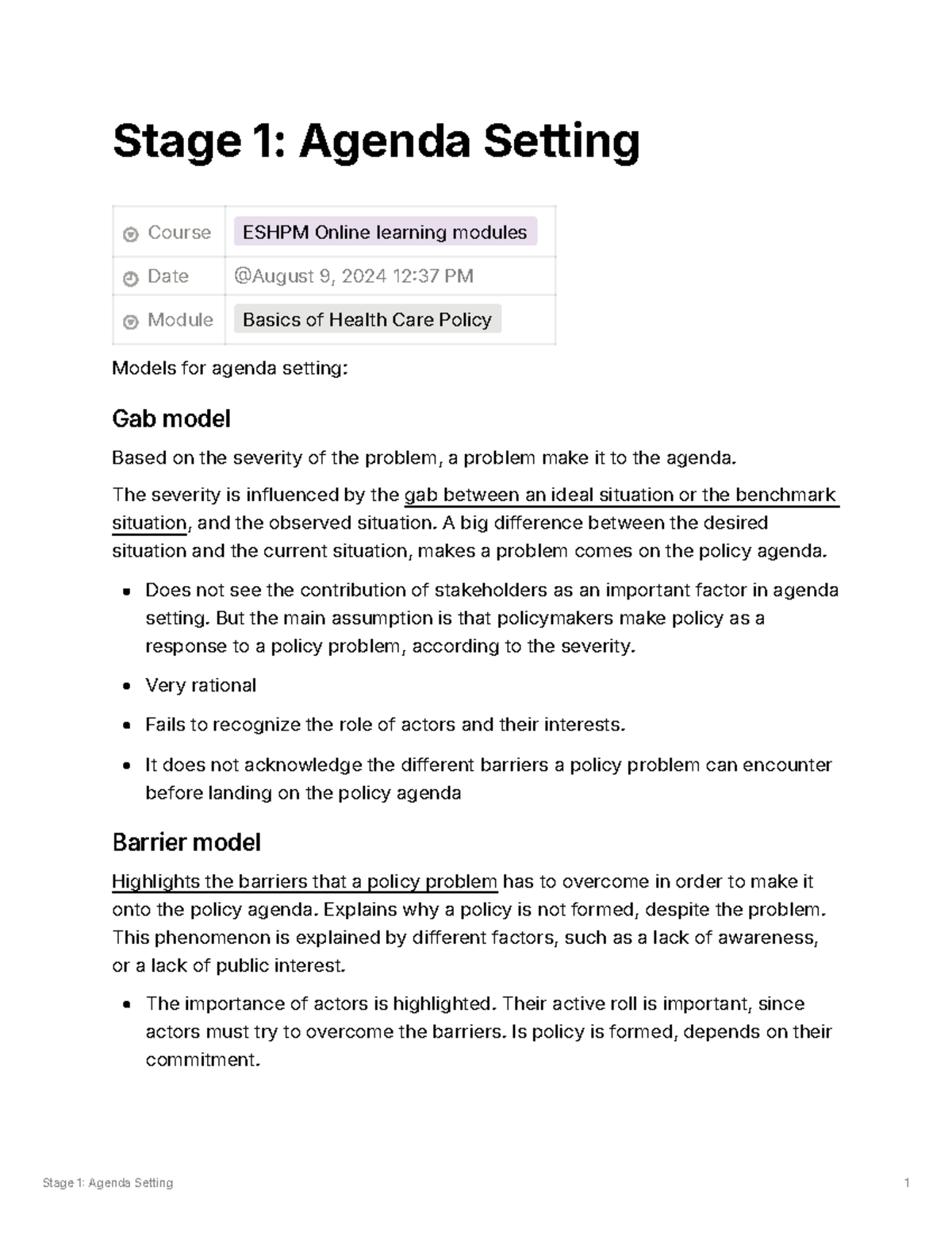 ESHPM Basics of Health Care Policy: Agenda Setting Models Overview ...