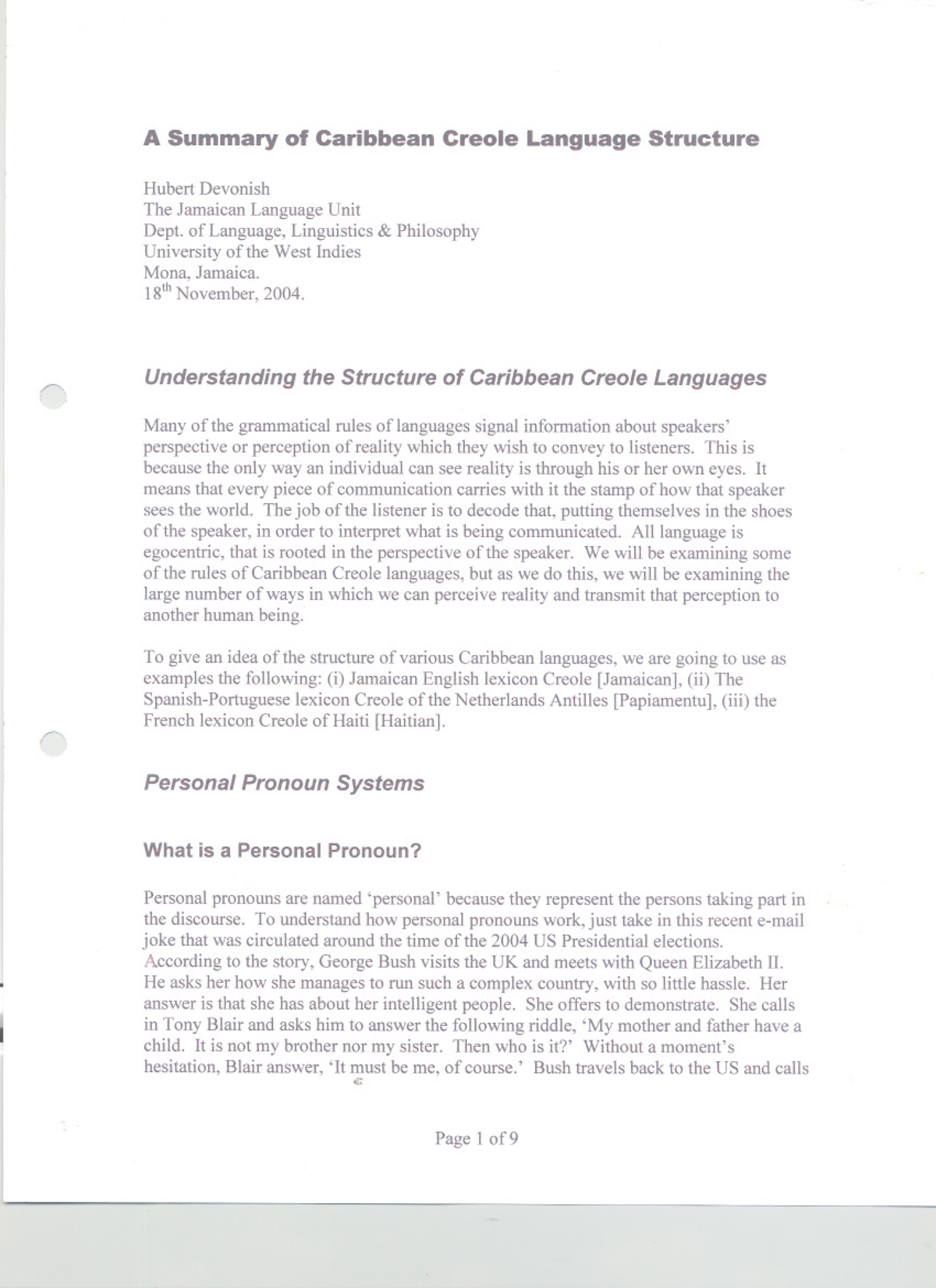 A Summary of Caribbean Creole Language Structure (Linguistics) - Studocu
