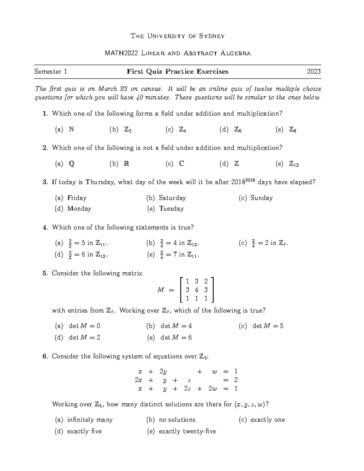MATH2022 Linear & Abstract Algebra Quiz 1 Practice Exercises 2023 - Studocu