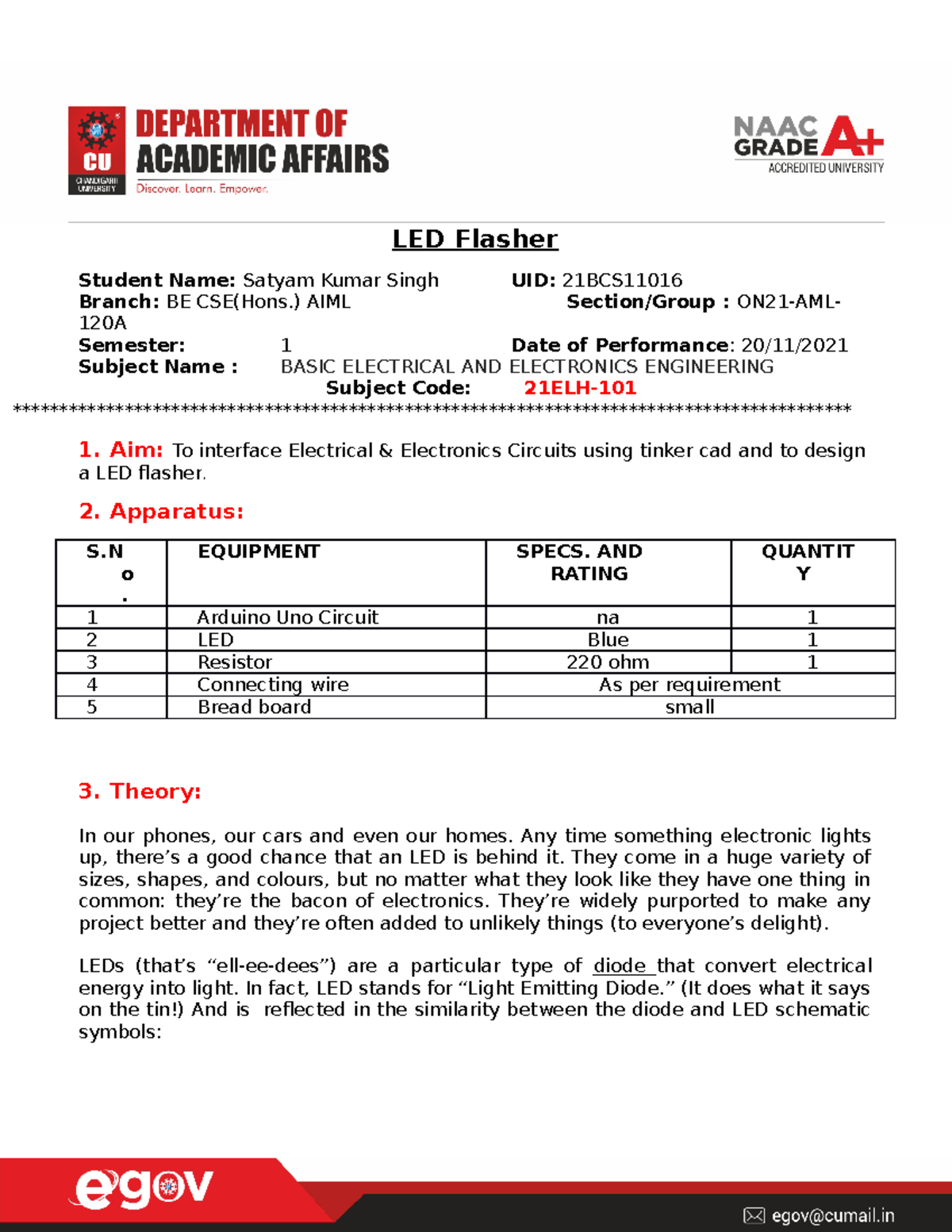 BEEE Worksheet 4 arduino uno ckt - LED Flasher Student Name: Satyam ...