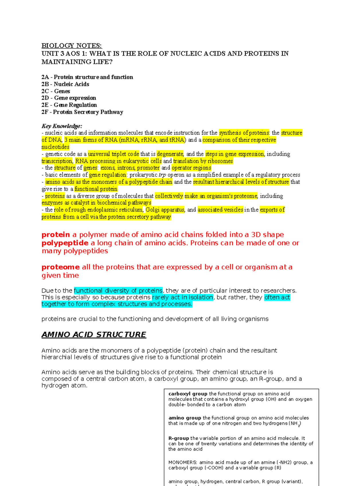 Biology Notes: Unit 3 AOS 1 - Nucleic Acids & Proteins Essentials - Studocu