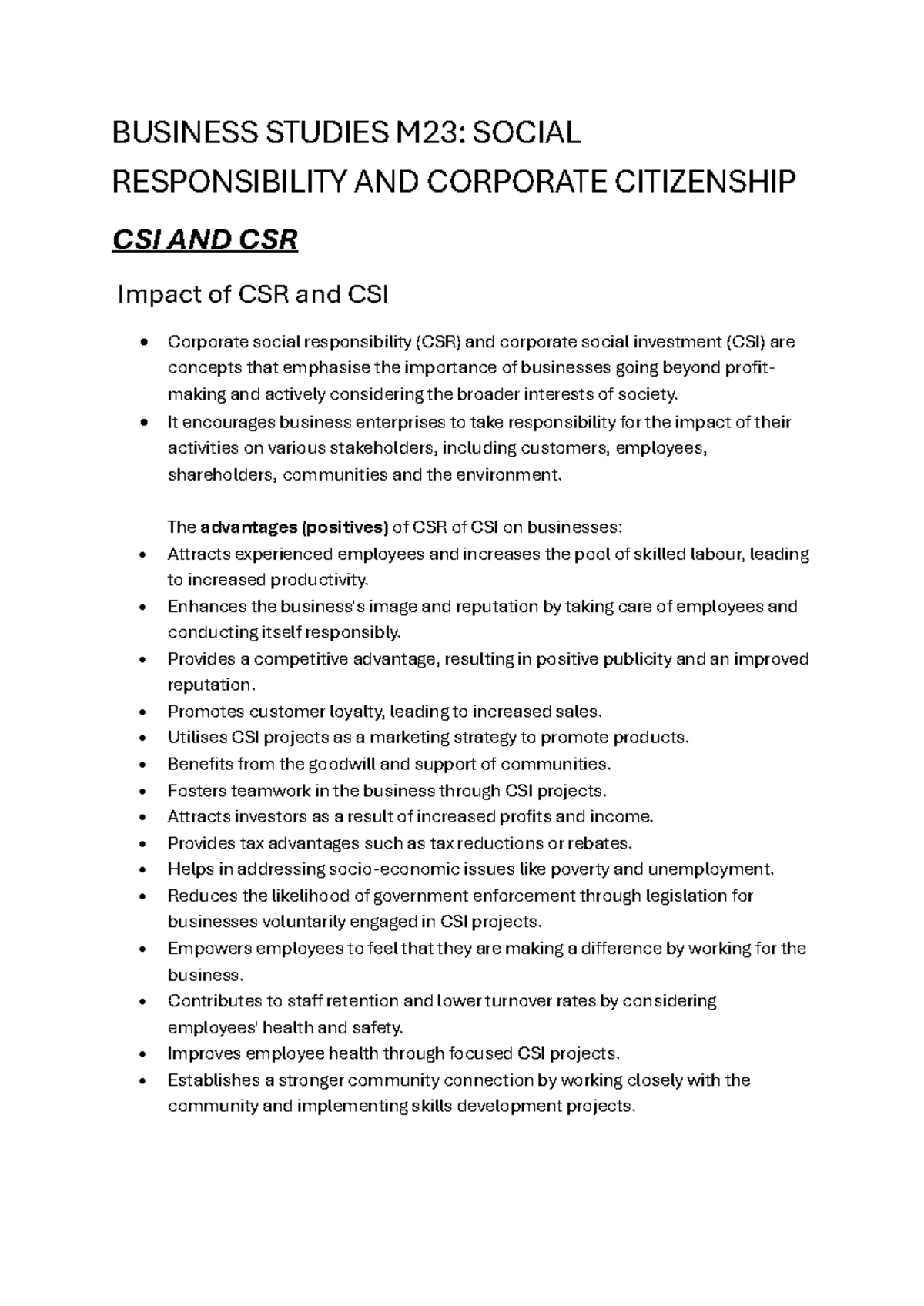 Business Studies M23: CSR and CSI Impact on Society and Business - Studocu