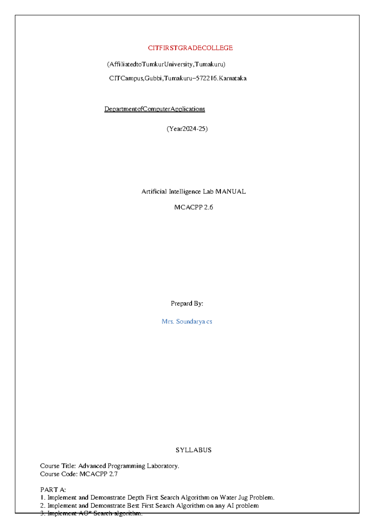 AI LAB MANUAL: Advanced Programming Lab (MCACPP 2.7) - Studocu