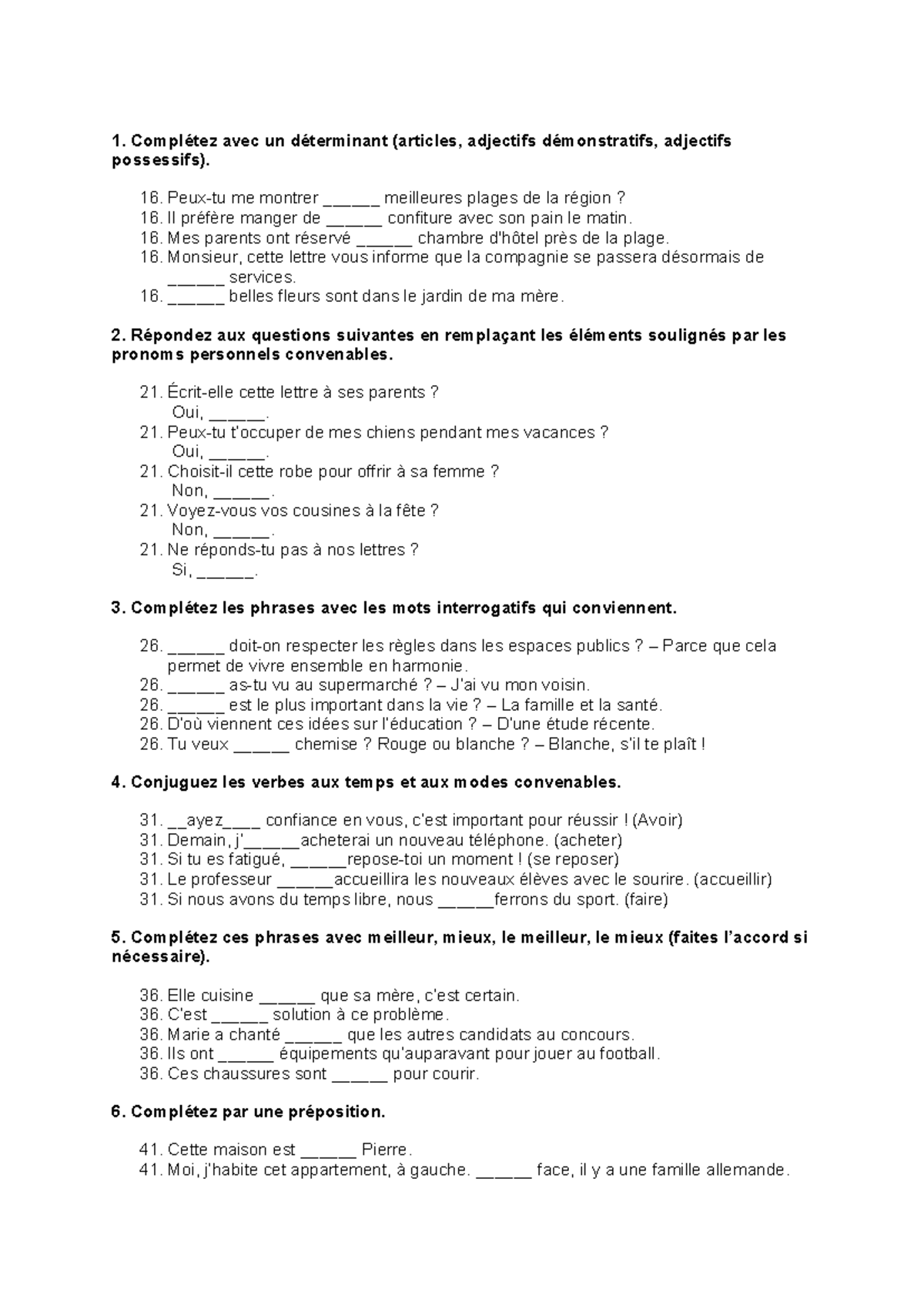 1. Exercices de grammaire: Déterminants et pronoms personnels - Studocu