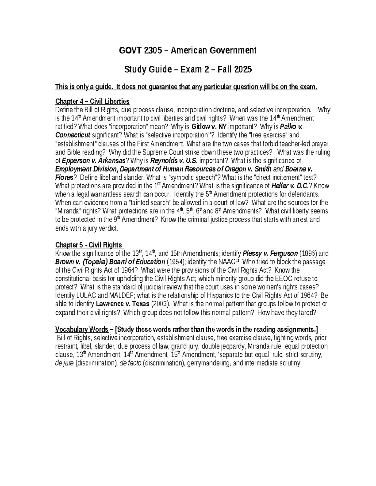 GOVT 2305 Study Guide for Exam 2: Civil Liberties & Rights - Studocu