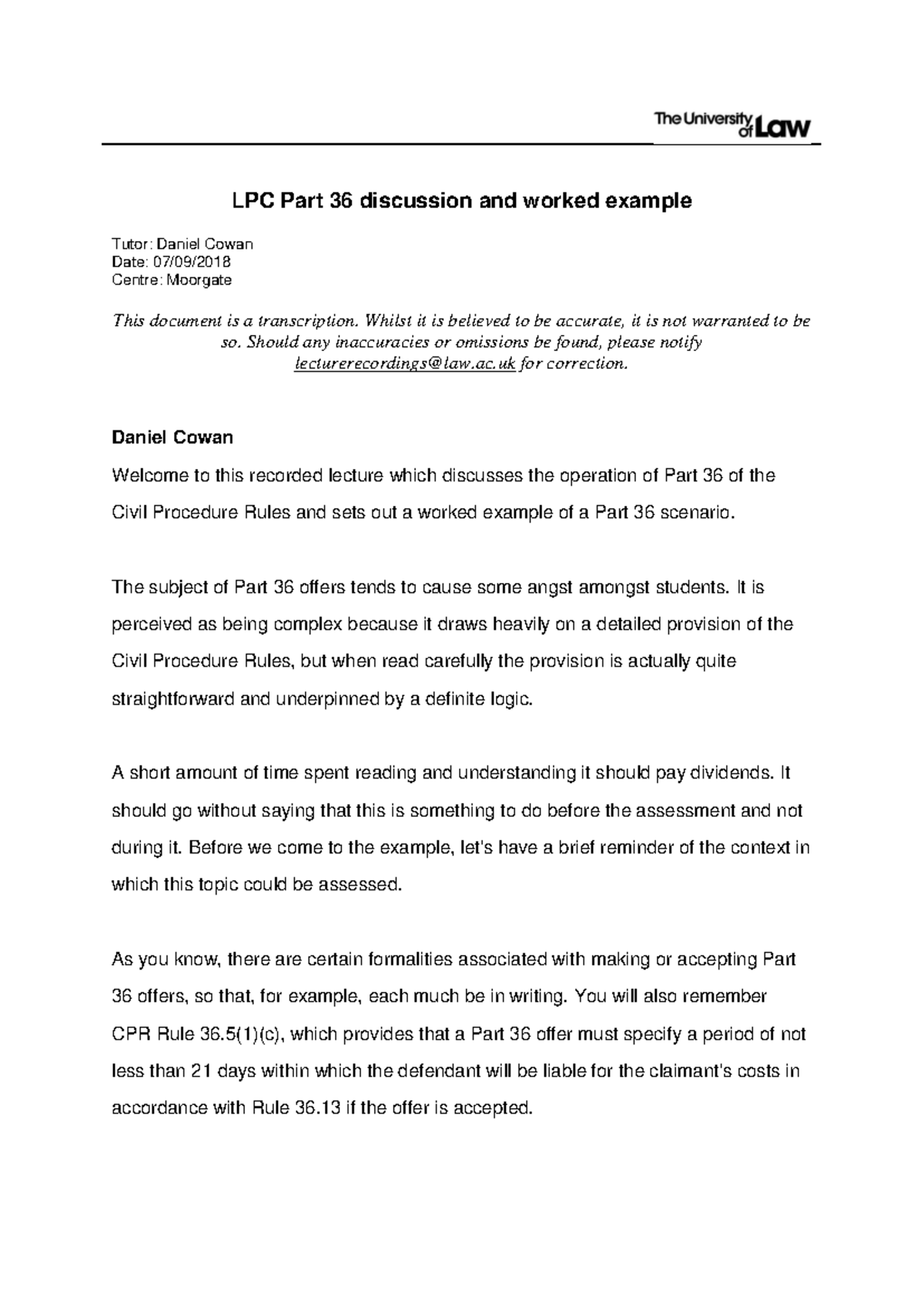LPC Civil Procedure Rules: Part 36 Discussion & Example Guide - Studocu