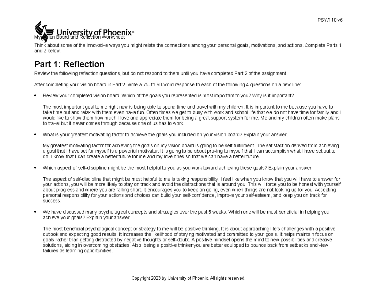 Psy110 v6 WK5 My Vision Board & Reflection Worksheet - Studocu
