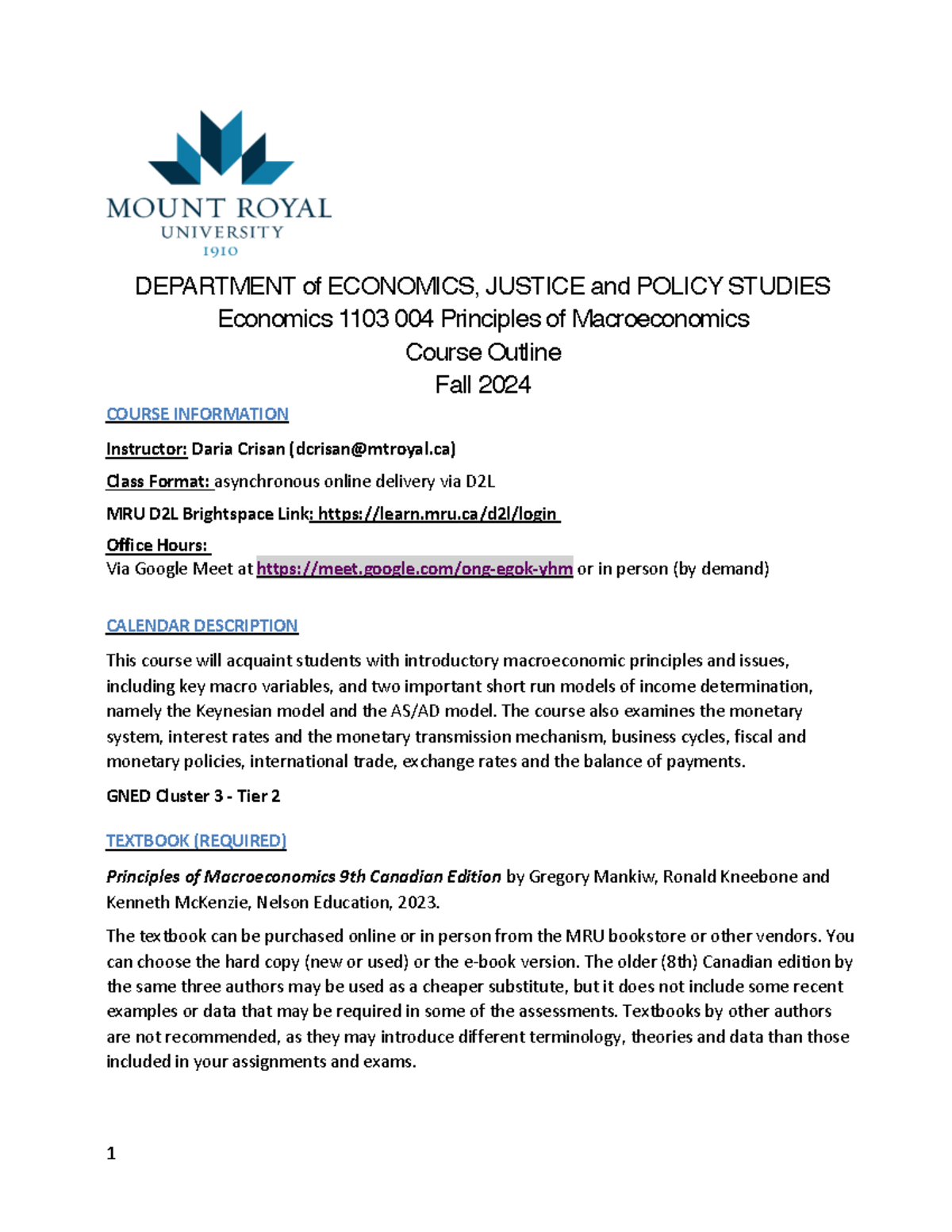 Econ 1103 004 Fall 2024 Online Course Outline: Principles of ...
