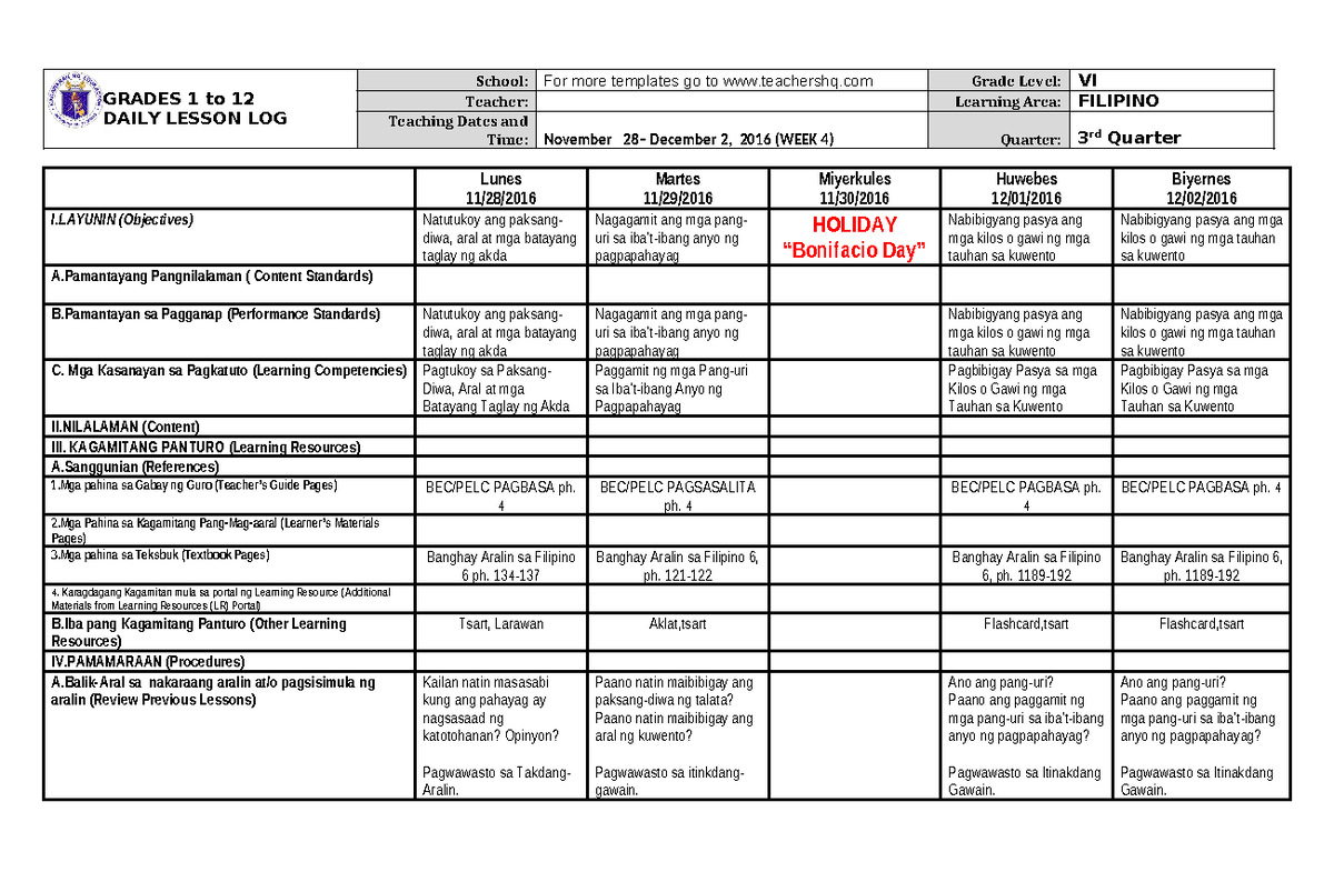 Grade 6 DLL Filipino 6 Q3 Week 4 - GRADES 1 to 12 DAILY LESSON LOG ...