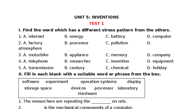 UNIT 5: INVENTIONS TEST 1 & 2 - English 10 Global Success - Studocu
