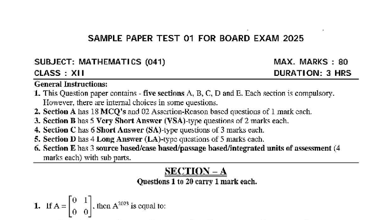 Maths Class XII Sample Paper Test 01 for Board Exam 2025 (041) - Studocu