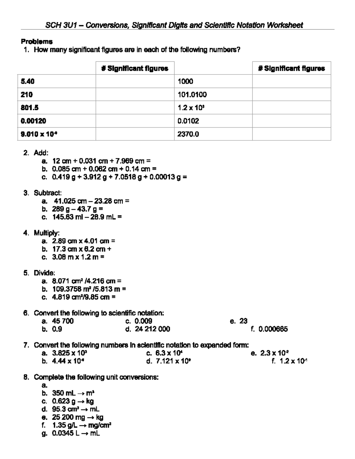 SCH 3U1 Scientific Notation & Conversions Worksheet Problems - Studocu