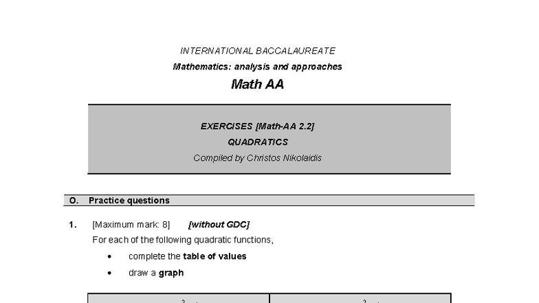 Math AA 2.2: Quadratics Exercises and Practice Questions - Studocu