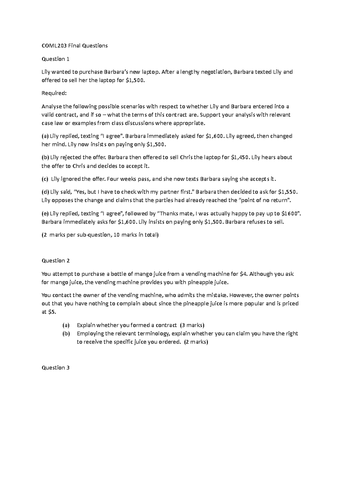 COML203 Final Exam Questions: Contract Law Analysis and Scenarios - Studocu