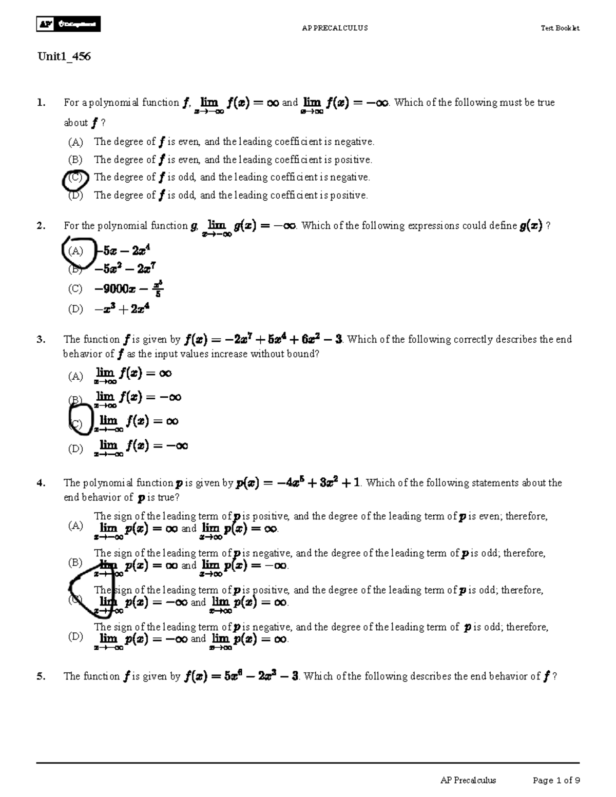 AP Precalculus Test Booklet Unit 1 - Polynomial Functions Review - Studocu