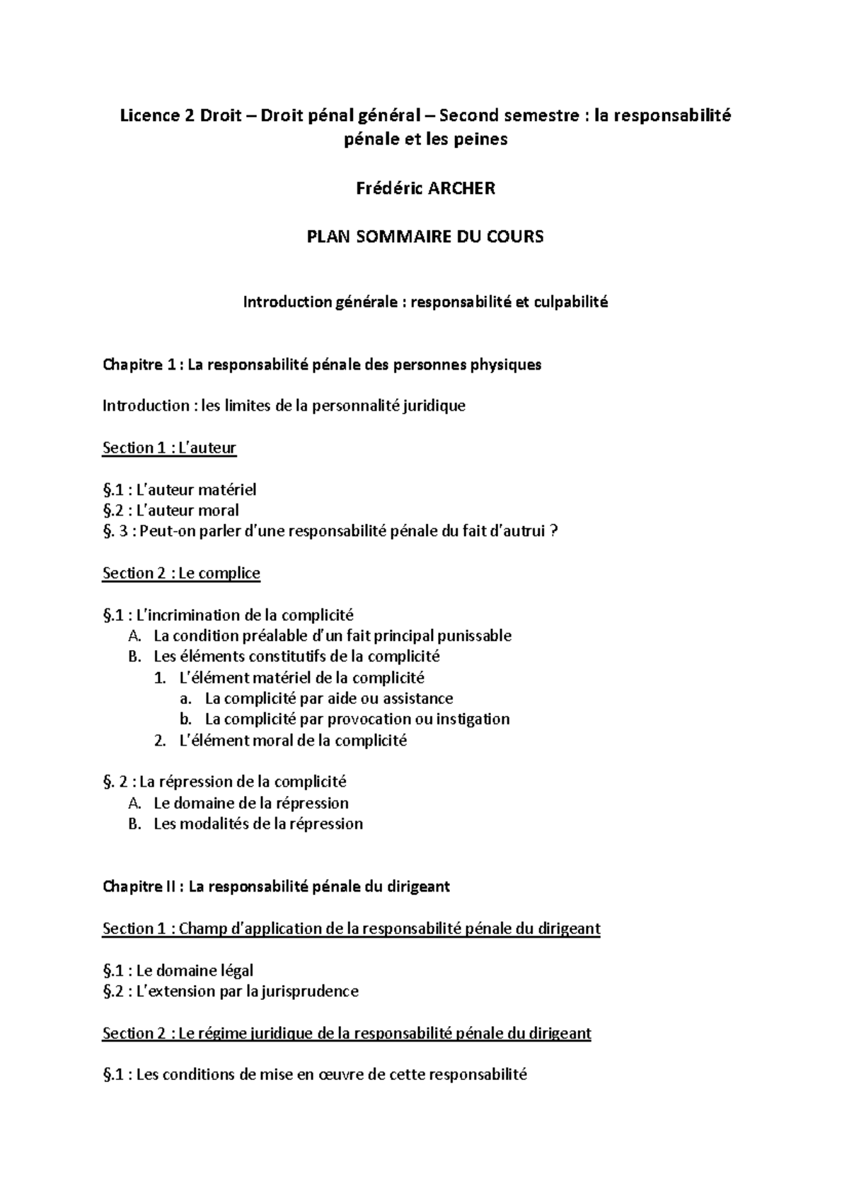 PLAN DU COURS L2 S2 DPG - Droit Pénal Général et Responsabilités - Studocu