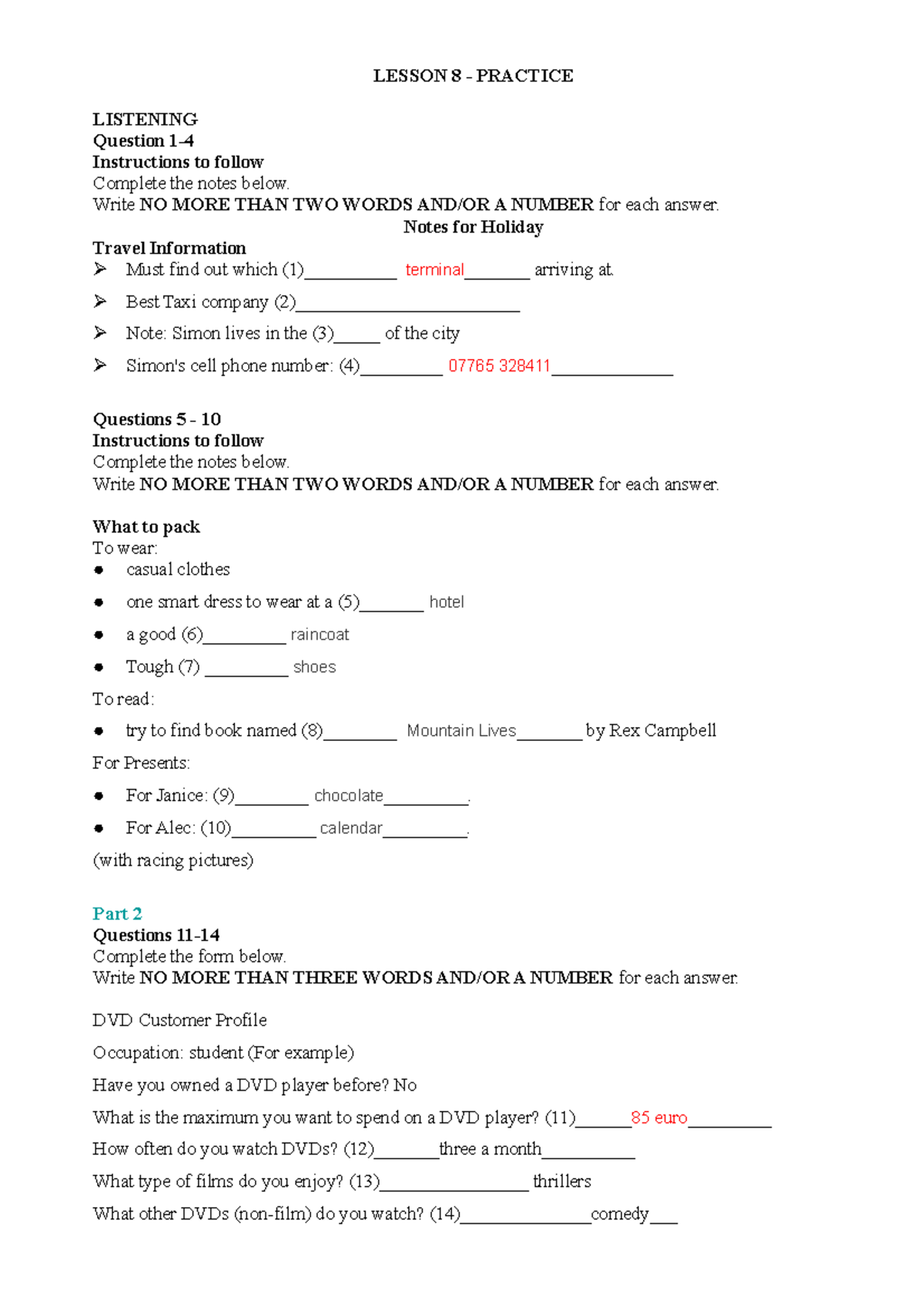 Lesson 8 Practice - Listening and Reading Comprehension Activities ...