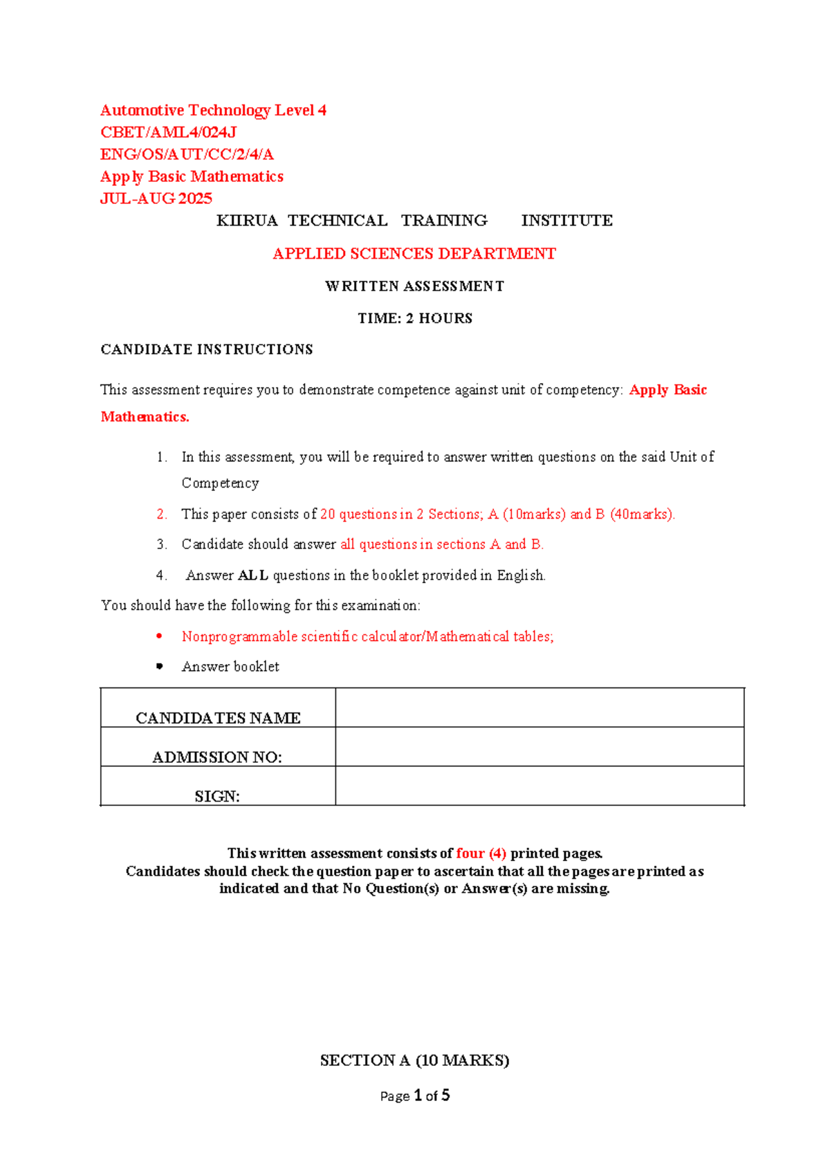 Automotive Technology Level 4: Basic Mathematics Assessment 2025 - Studocu