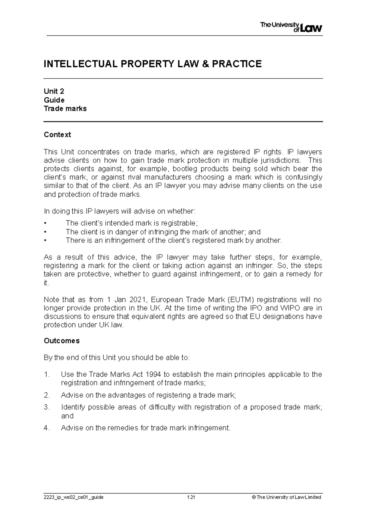 IP Law Unit 2: Trade Marks Protection & Infringement Guide - Studocu