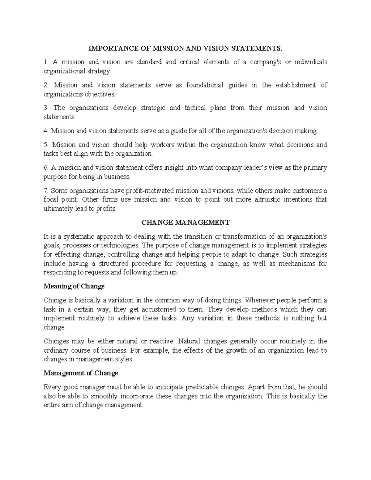 HSM Notes - Importance of Mission, Vision & Change Management - Studocu