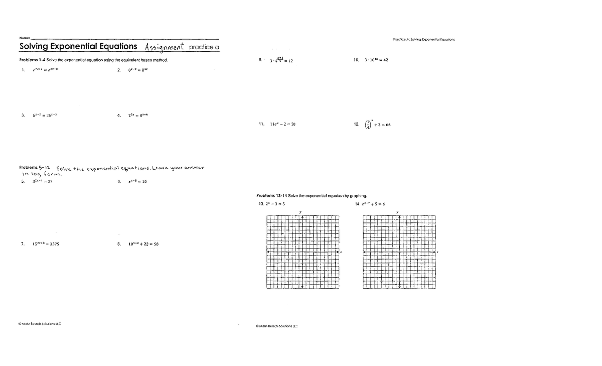 Practice Problems for Solving Exponential Equations - Studocu
