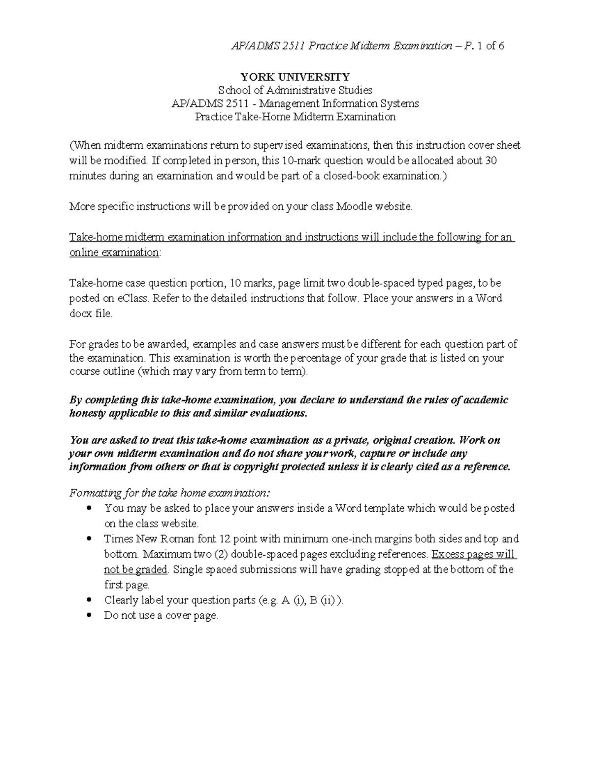 AP/ADMS 2511 Management Information Systems Midterm Exam Practice 2020 ...