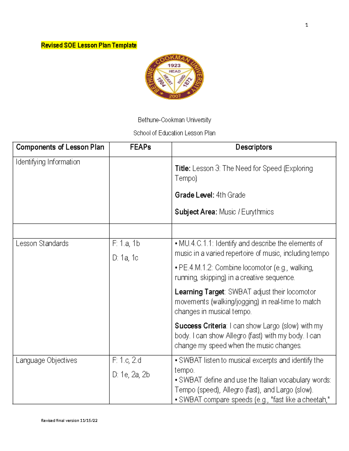 Lesson 3: The Need for Speed (Tempo) - SCDSCA Lesson Plan - Studocu