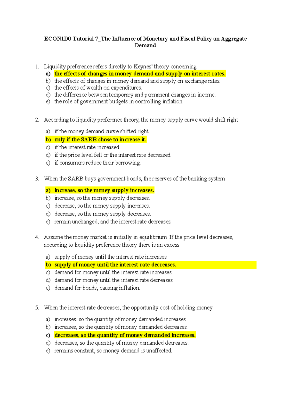 ECON1D0 Tutorial 7 Solutions: Impact of Monetary & Fiscal Policy on AD ...