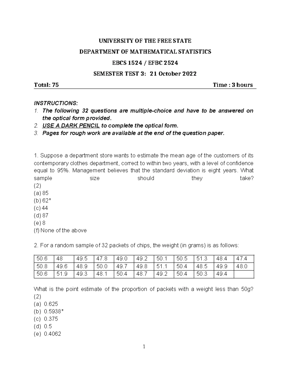 EBCS 1514 Test 3 2025 Semester 1 Memo - Mathematical Statistics - Studocu