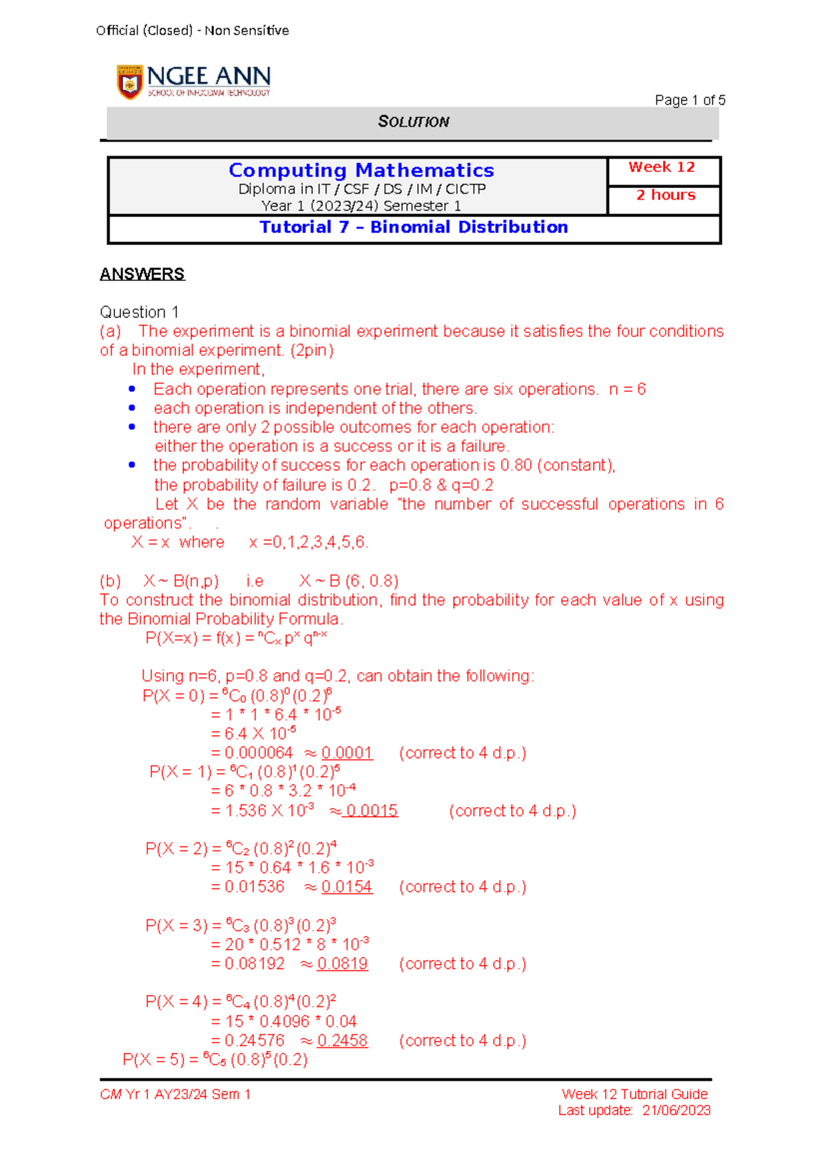 2023-Diploma IT CM 1 Sem 1 Tutorial 7: Binomial Distribution Guide ...