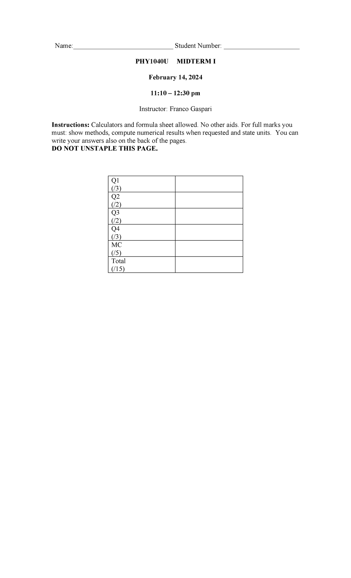 PHY1040U Midterm 1 Solutions - February 2024 Exam Answers - Studocu