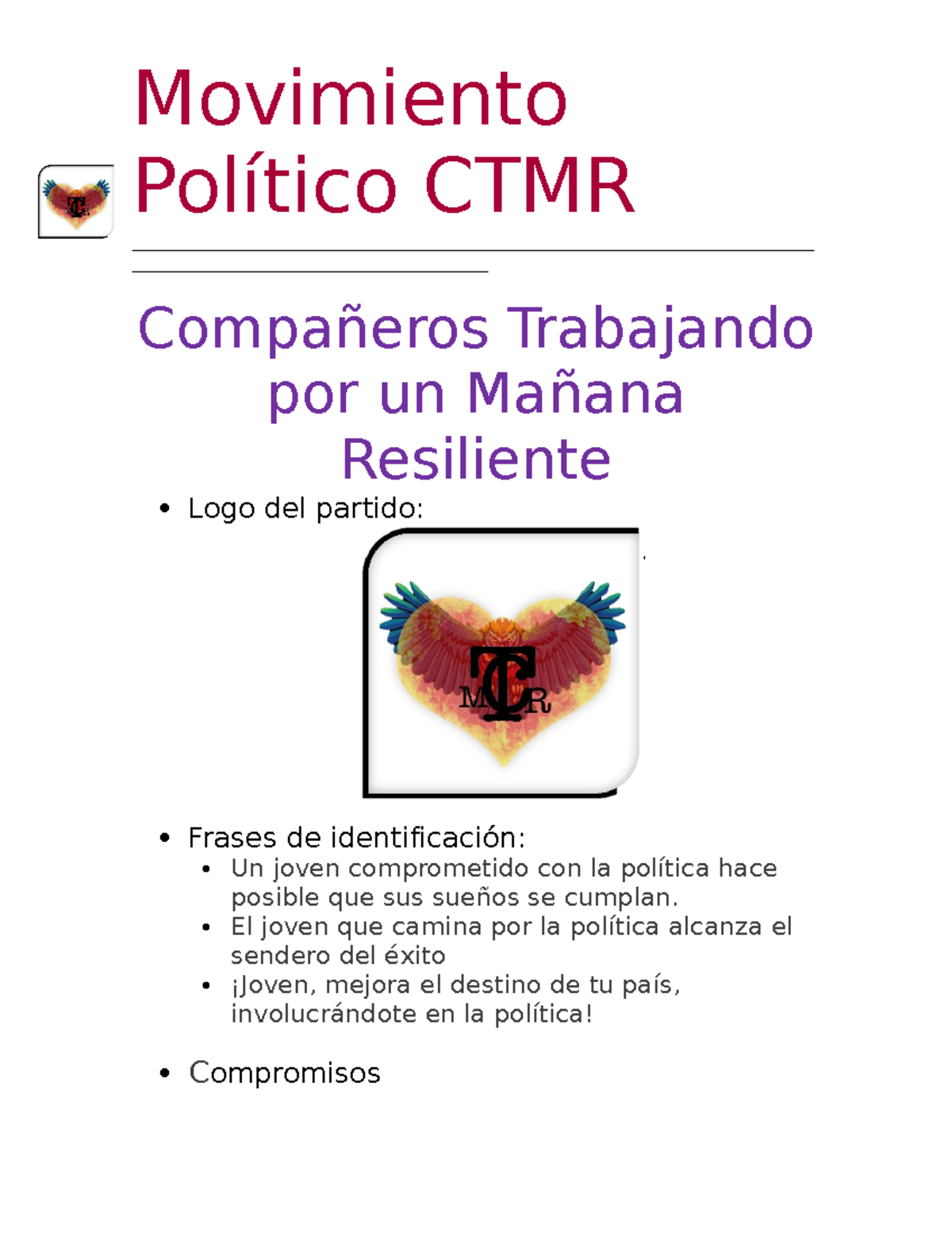 Compromisos del Movimiento Político CTMR para Jóvenes Resilientes - Studocu