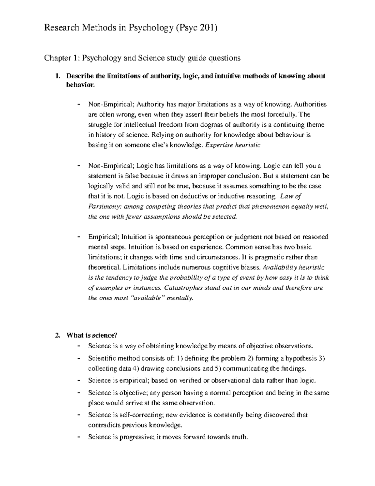 Psych 201 Chapters 1,5,6,7,8,9,14,15 study guide q +a's - Chapter 1 ...