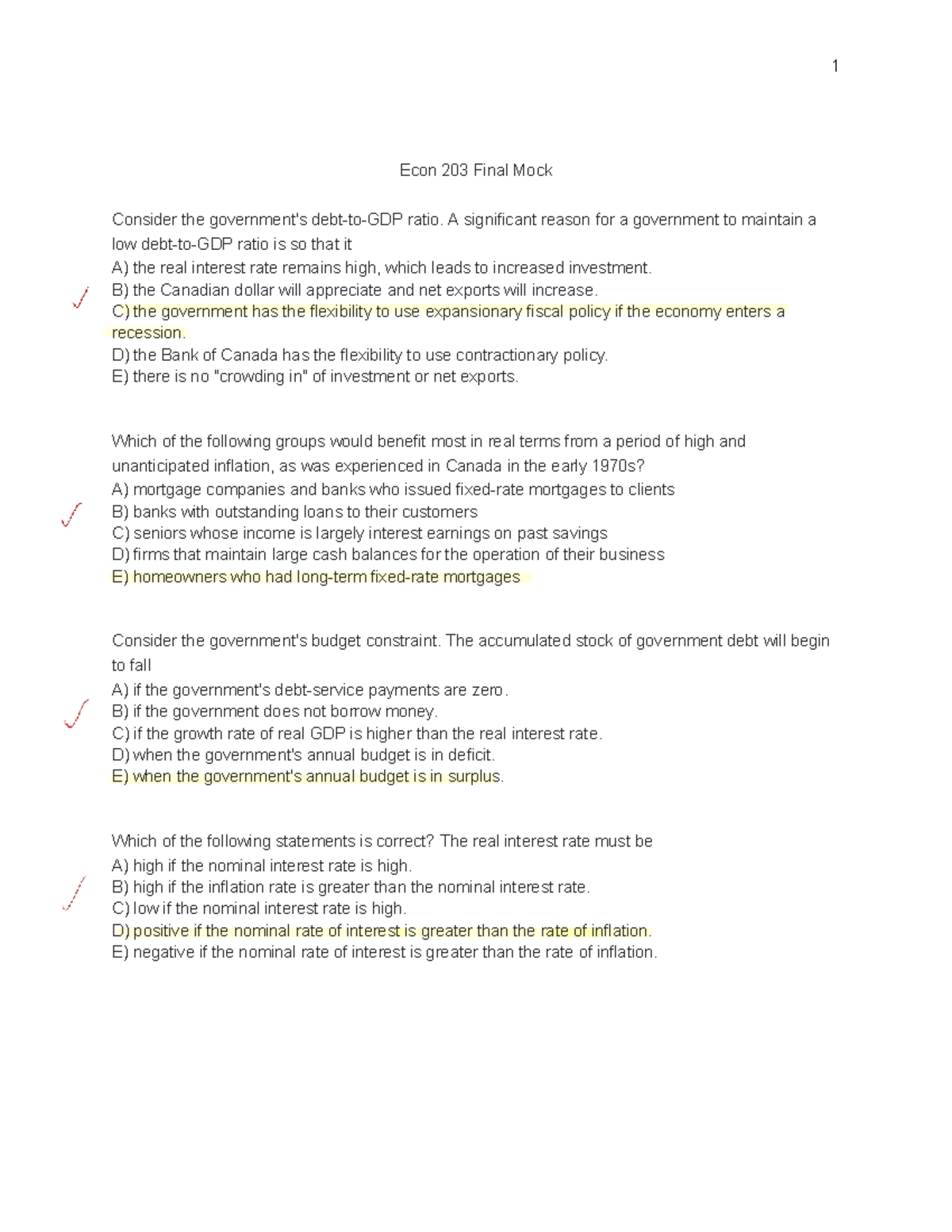 Econ 203 Final Exam Mock: Key Concepts and Questions - Studocu