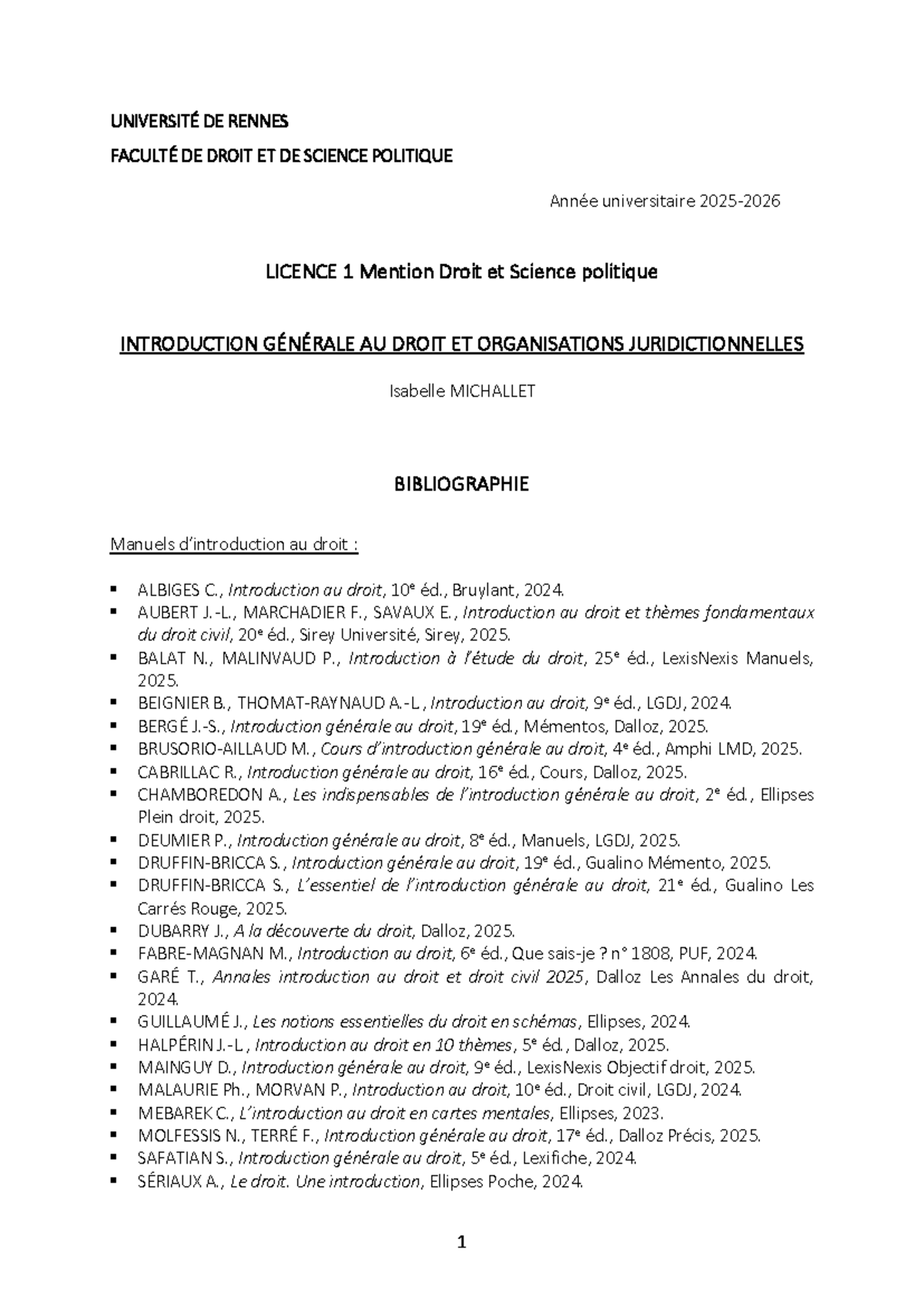 Bibliographie et Plan de Cours - Introduction Générale au Droit (LIC1 ...