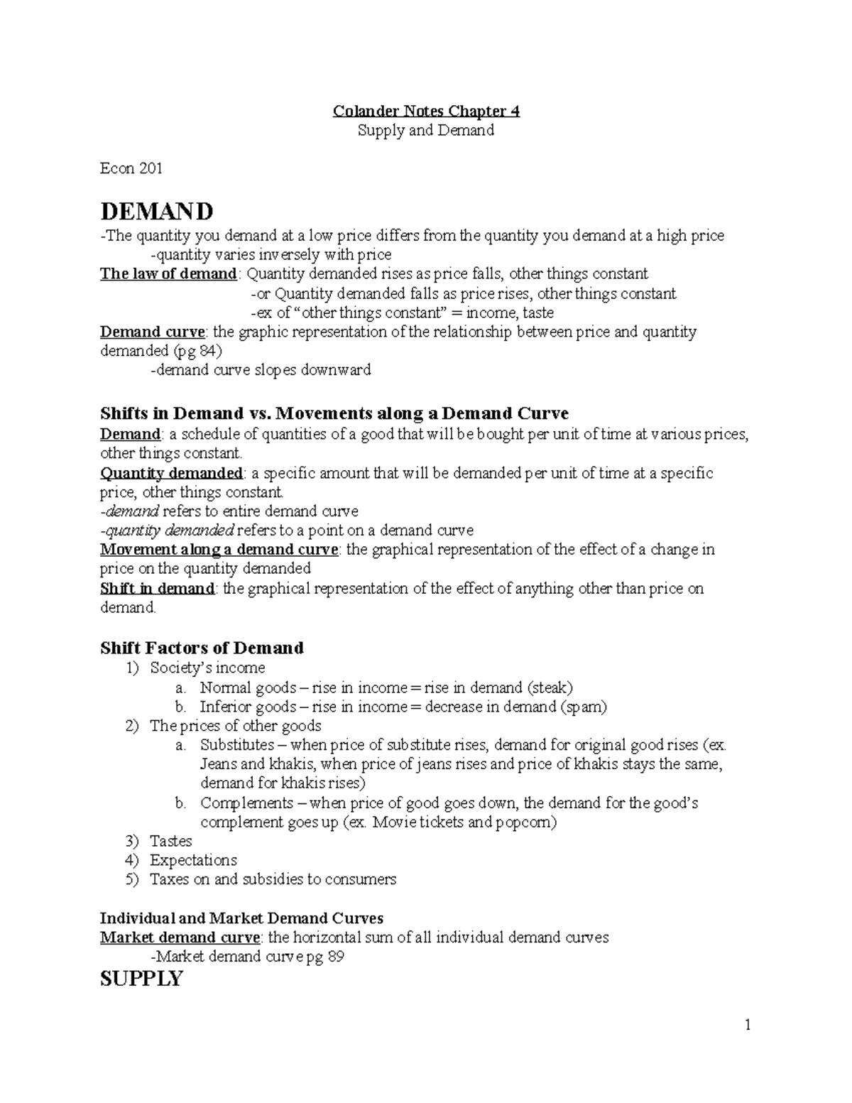 Econ 201 Notes Chapter 4 - Colander Notes Chapter 4 Supply and Demand ...