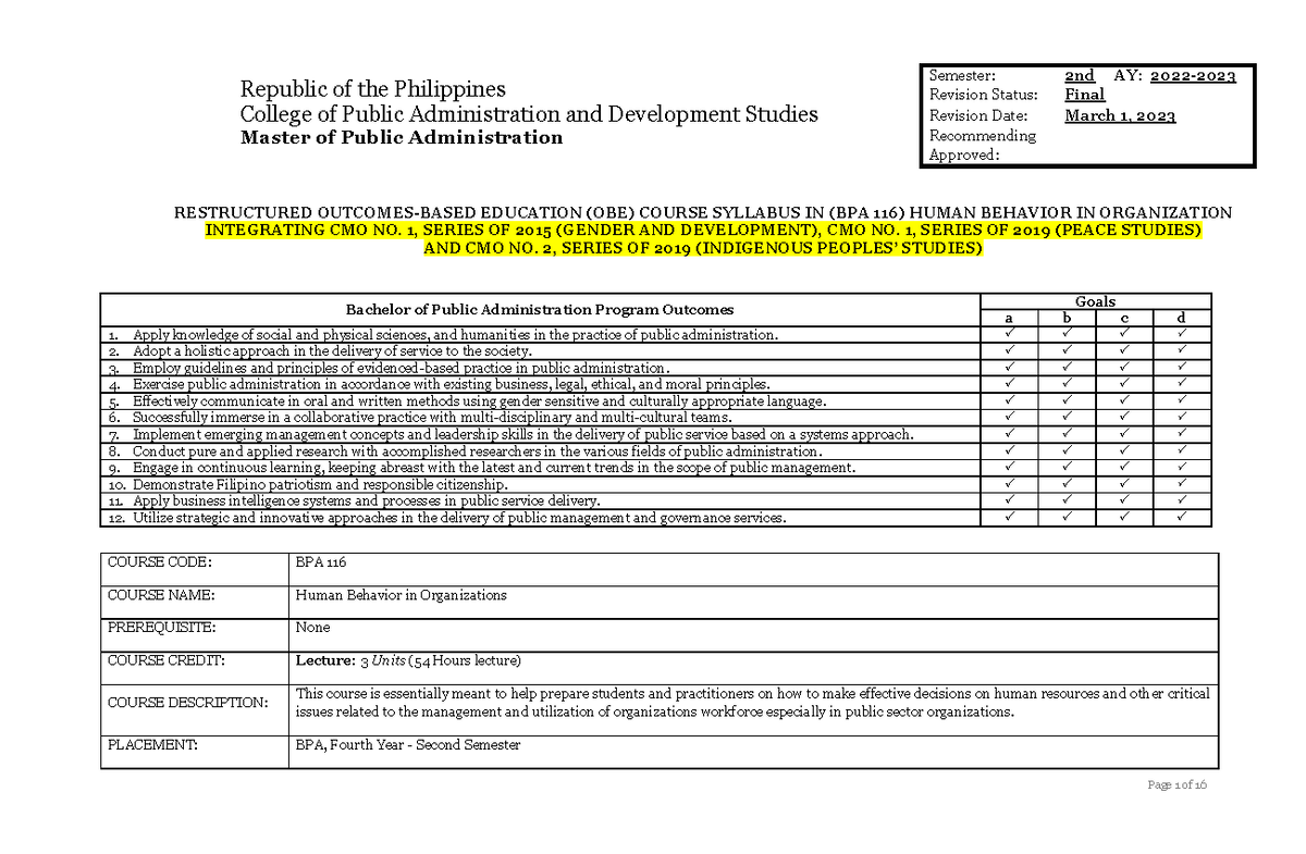 BPA 116 Final Syllabus: Human Behavior in Organizations Overview - Studocu