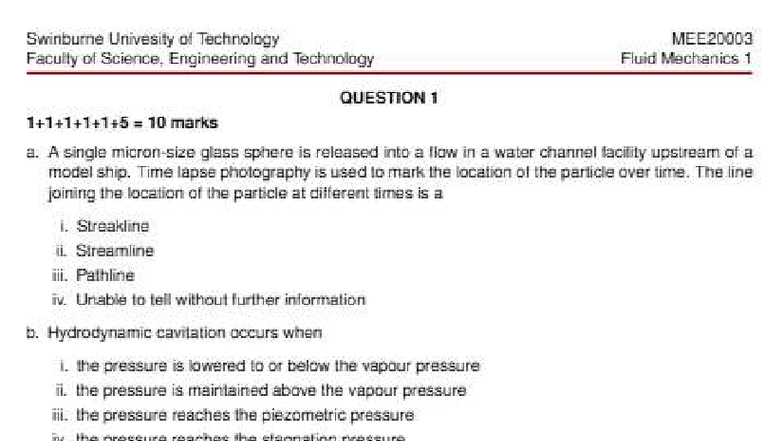 Fluid Mechanics 1 Final Exam - Swinburne University 2015 - Studocu