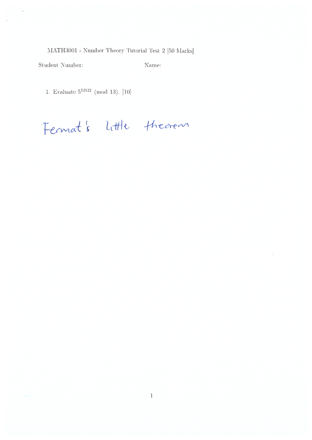 Deferred Tut test 2 memo - MATH3001 Number Theory Tutorial Test 2 ...