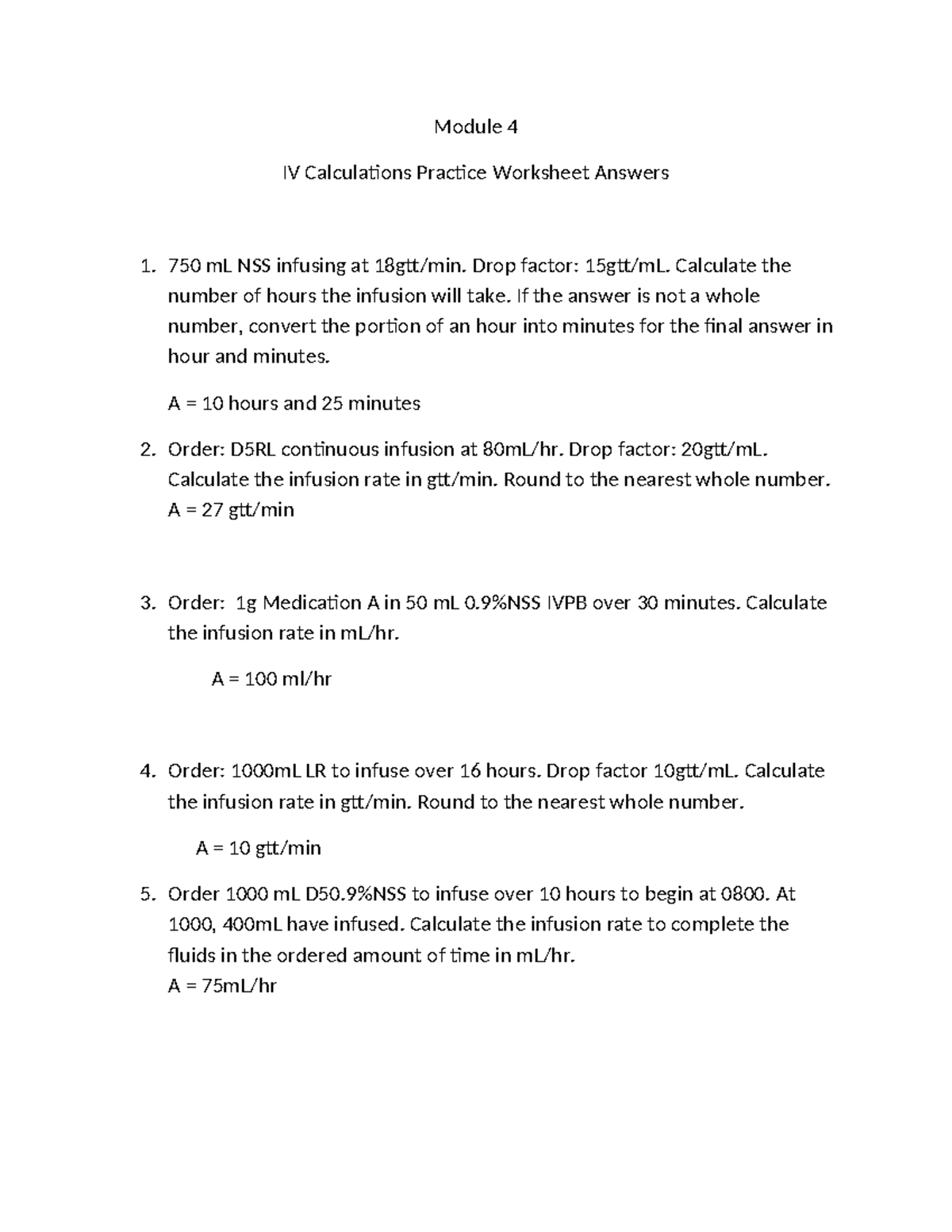 Module 4 IV Infusion Calculations Practice Worksheet Answers - Studocu