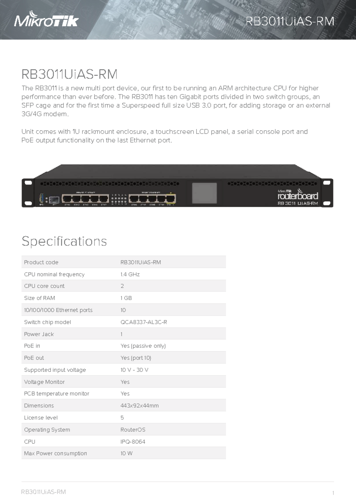 RB3011 Overview: Specs & Features for Router - REDES DE COMUNICASIONES ...