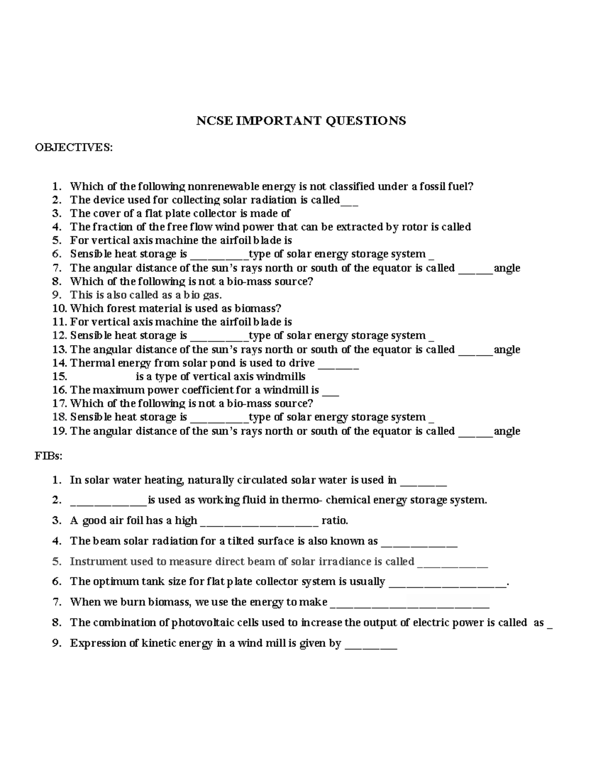 NCSE Important Questions on Renewable Energy Sources and Systems - Studocu