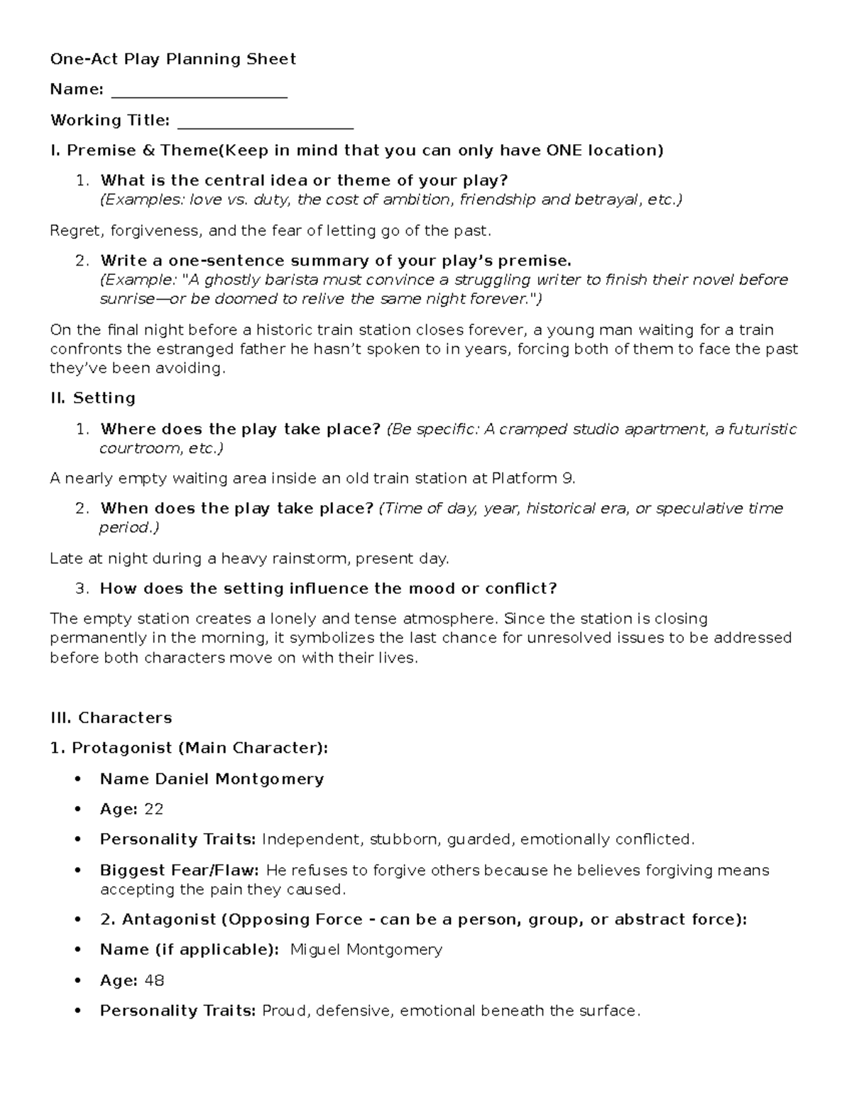 One Act Play Planning Sheet: Regret and Forgiveness Theme - Studocu