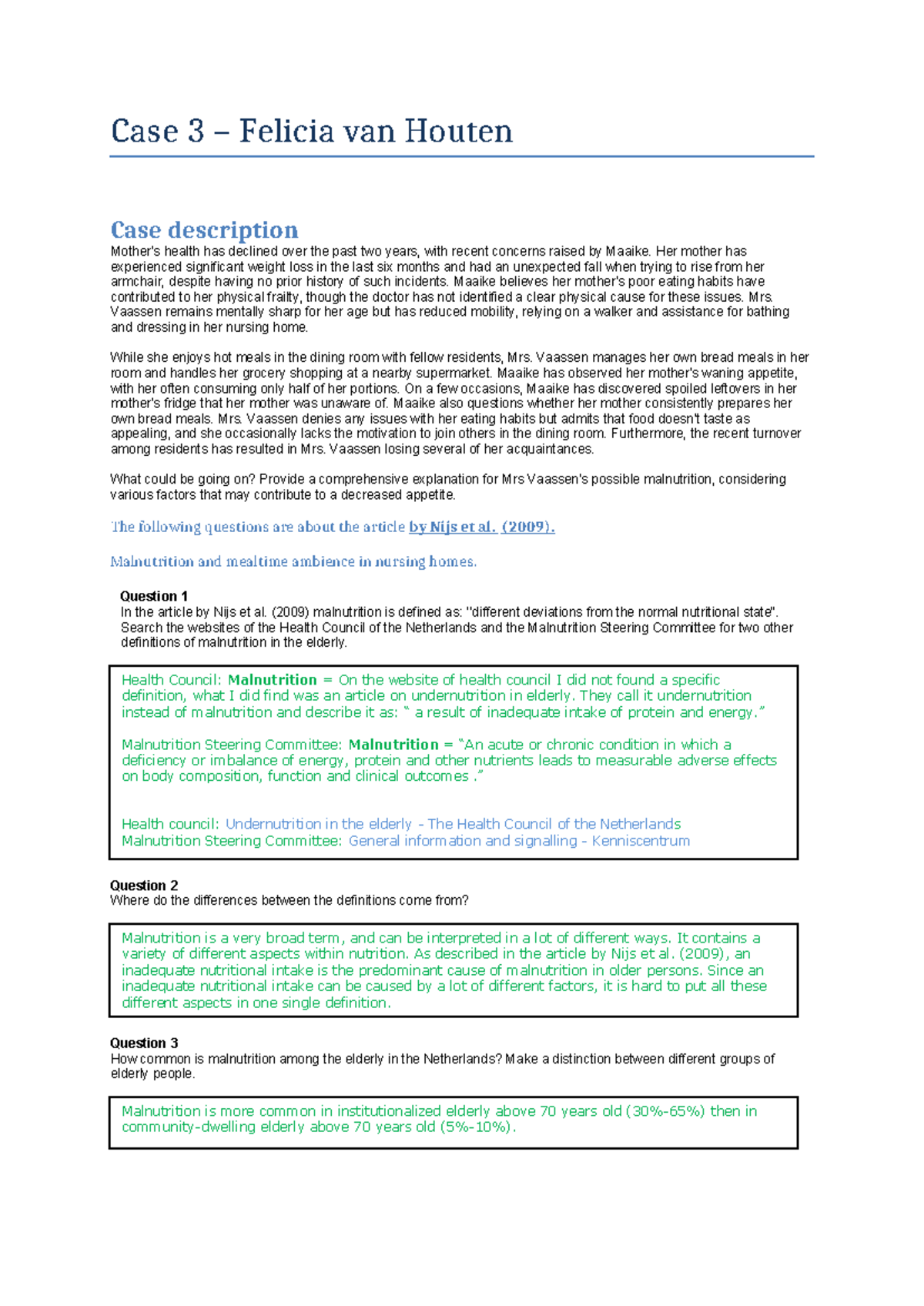 Nutritional Behavior - Case Study 4 Analysis: Mrs. Vaassen's ...