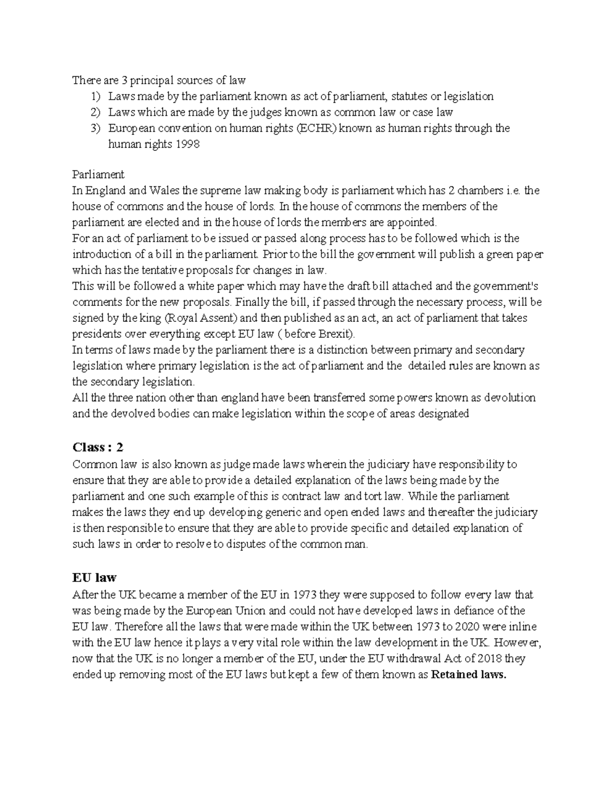LSM Sec A - Sources of Law: Acts, Common Law, and EU Law Notes - Studocu